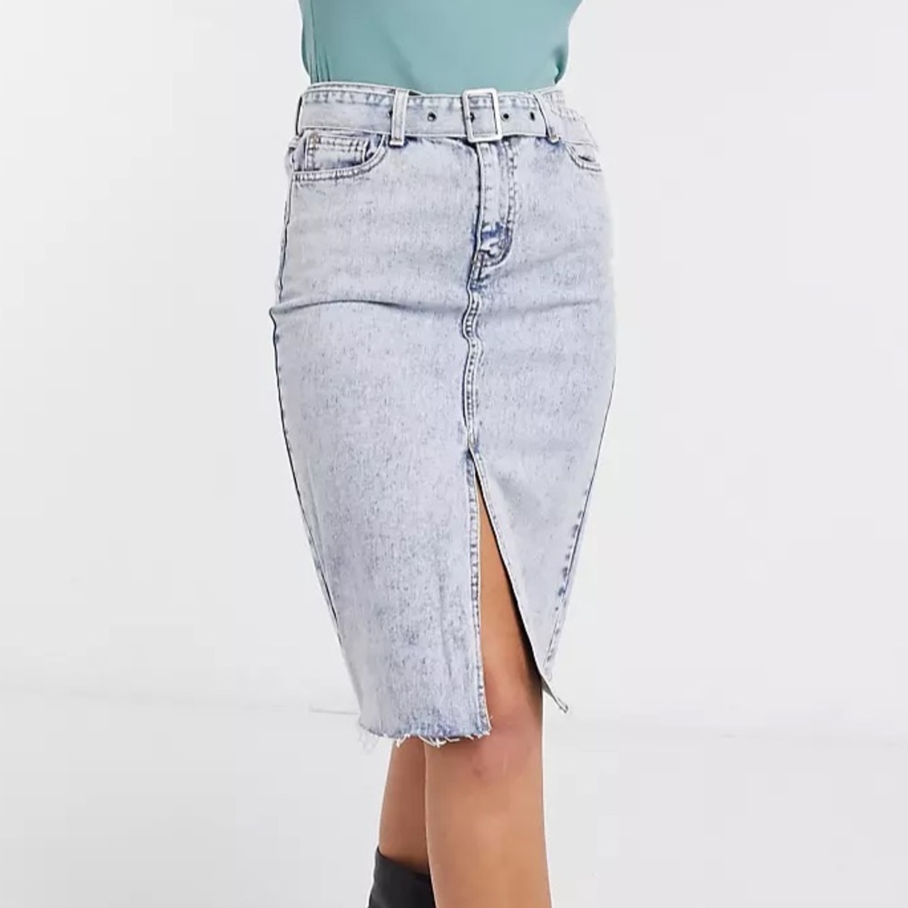 VILA belted denim midi skirt in blue